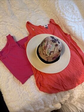 Coral Tank Top &pink tank with Straw Sun Hat …xl shirts